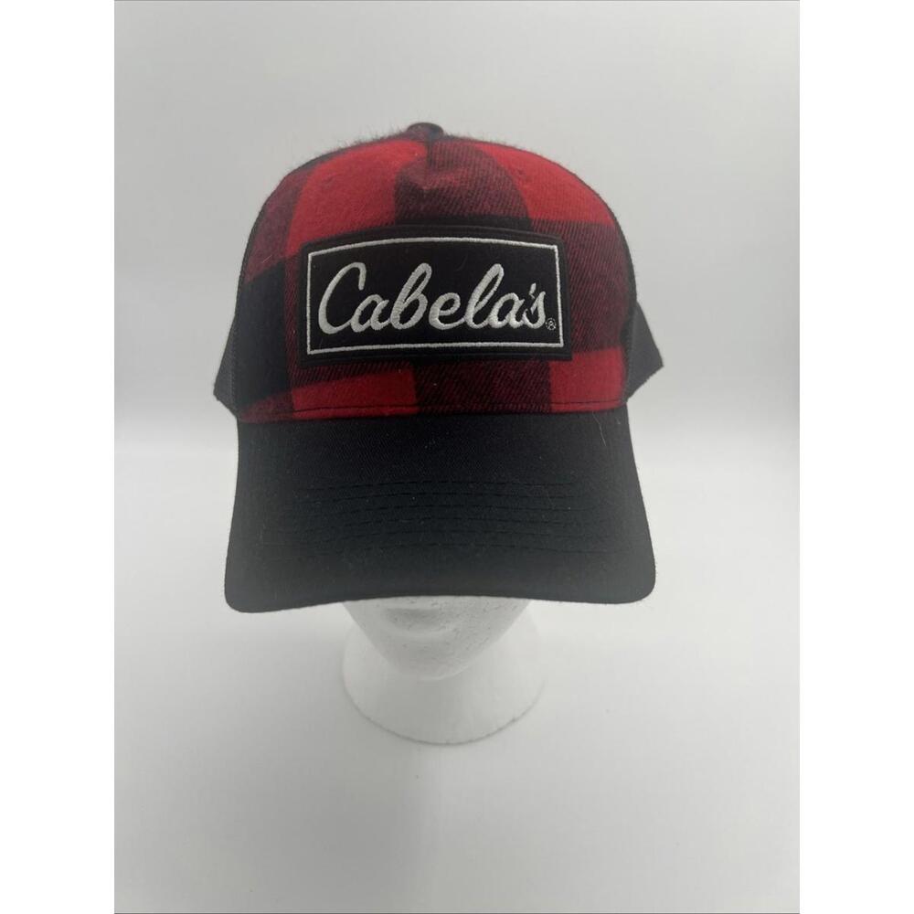 Cabela's Trucker Hat Cap Buffalo Plaid Black And Red Checker Pattern Mesh Hat